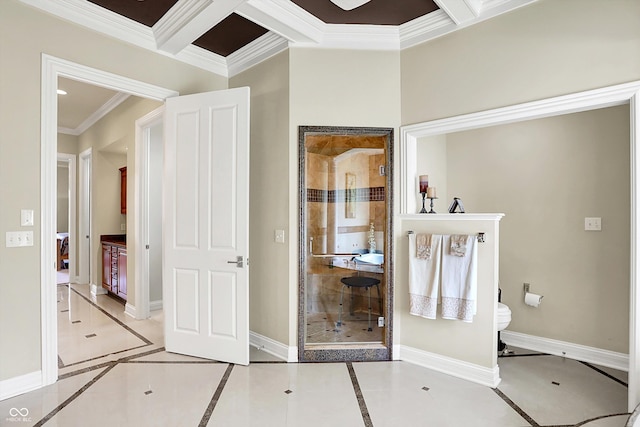 7635 Monte Carlo Way, Indianapolis, IN 46278 - bathroom featuring inlaid floor details, a tile shower, ornamental molding, and tile patterned flooring