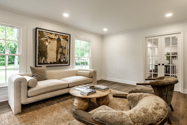 7105 Sylvan Ridge Rd, Indianapolis, IN 46240 - living room featuring dark wood-type flooring, plenty of natural light, ornamental molding, french doors, and recessed lighting