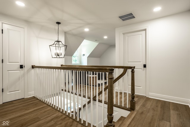 7105 Sylvan Ridge Rd, Indianapolis, IN 46240 - stairway with wood finished floors, baseboards, recessed lighting, and lofted ceiling