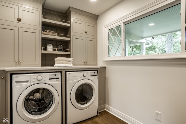 7105 Sylvan Ridge Rd, Indianapolis, IN 46240 - washroom featuring independent washer and dryer, baseboards, cabinet space, dark wood-style flooring, and recessed lighting