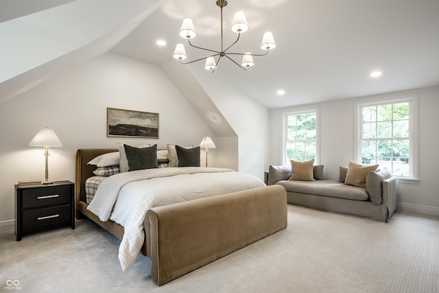 7105 Sylvan Ridge Rd, Indianapolis, IN 46240 - bedroom featuring light carpet, a chandelier, recessed lighting, vaulted ceiling, and baseboards