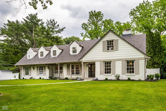 7105 Sylvan Ridge Rd, Indianapolis, IN 46240 - cape cod-style house featuring a shingled roof, board and batten siding, a chimney, and covered porch