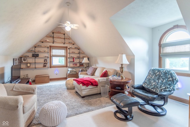 505 Jones Pl, Martinsville, IN 46151 - living area featuring a ceiling fan, lofted ceiling, and carpet