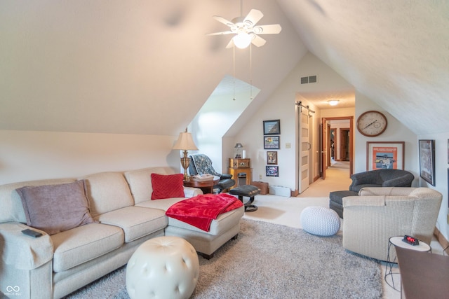 505 Jones Pl, Martinsville, IN 46151 - living area featuring light colored carpet, vaulted ceiling, and a ceiling fan