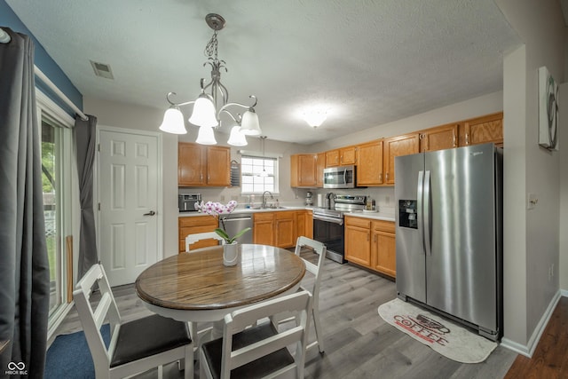 441 E Pine Ridge Dr, Westfield, IN 46074 - kitchen featuring stainless steel appliances, a chandelier, light countertops, light wood-style flooring, and a sink