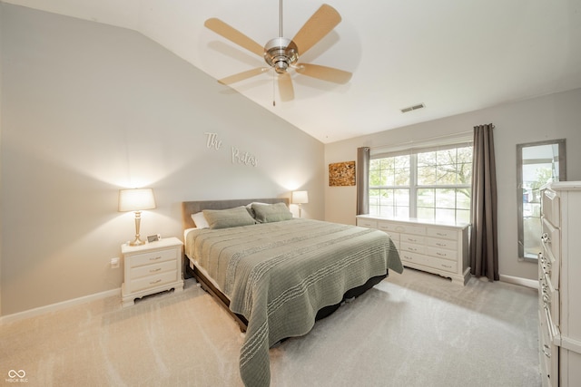 441 E Pine Ridge Dr, Westfield, IN 46074 - bedroom featuring vaulted ceiling, light carpet, ceiling fan, and baseboards