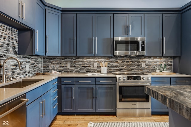630 N College Ave Unit 409, Indianapolis, IN 46204 - kitchen with appliances with stainless steel finishes, a sink, blue cabinets, and backsplash