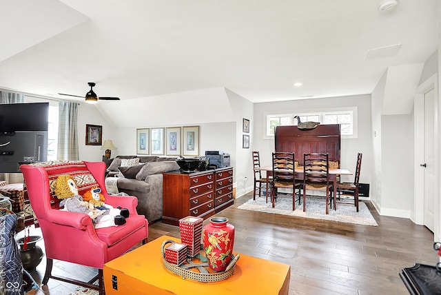 1135 Maclaren Ct, Franklin, IN 46131 - living room featuring wood-type flooring, ceiling fan, recessed lighting, and lofted ceiling