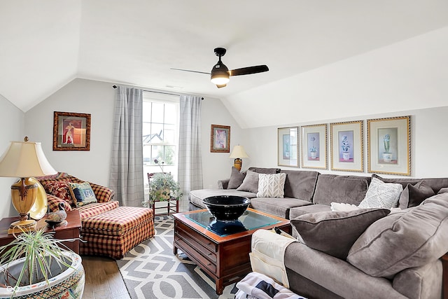 1135 Maclaren Ct, Franklin, IN 46131 - living room featuring lofted ceiling, wood finished floors, and ceiling fan