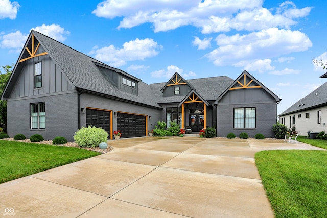 1135 Maclaren Ct, Franklin, IN 46131 - modern farmhouse featuring board and batten siding, brick siding, a front yard, roof with shingles, and an attached garage