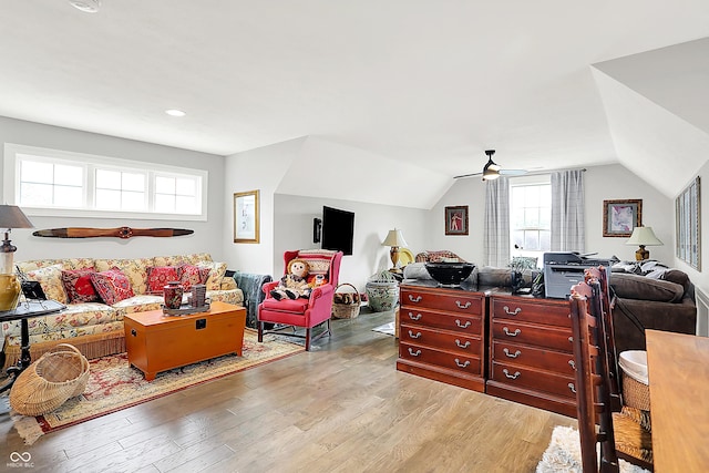 1135 Maclaren Ct, Franklin, IN 46131 - bedroom featuring light wood finished floors, vaulted ceiling, a ceiling fan, and recessed lighting