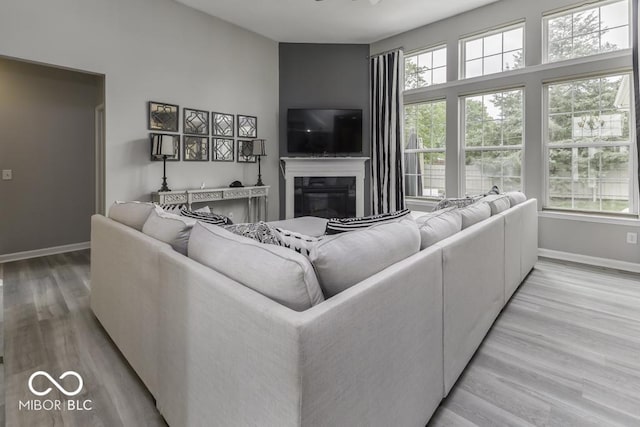 2502 Colinbrook Pkwy, Greenwood, IN 46143 - living area featuring a glass covered fireplace, baseboards, healthy amount of natural light, and light wood-type flooring