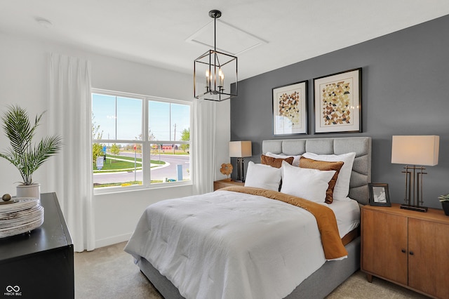942 Shadow Dr, Danville, IN 46122 - bedroom with light colored carpet, a chandelier, and baseboards