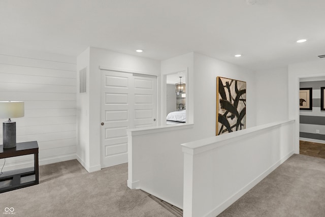 942 Shadow Dr, Danville, IN 46122 - hall featuring an upstairs landing, carpet floors, recessed lighting, and baseboards