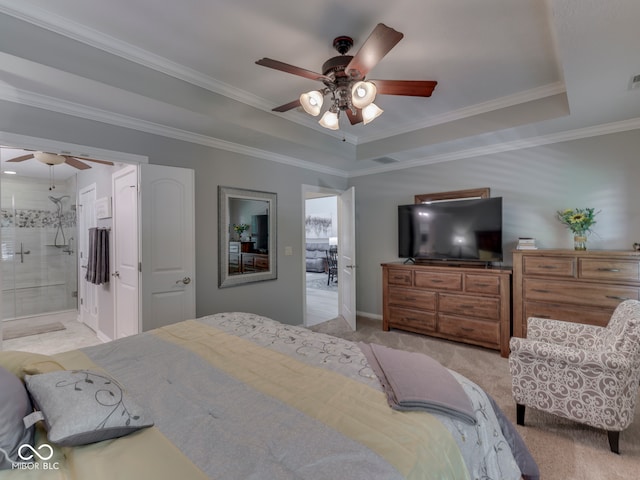 5351 Abbington Ave, Plainfield, IN 46168 - carpeted bedroom with a raised ceiling, ceiling fan, ornamental molding, and ensuite bath
