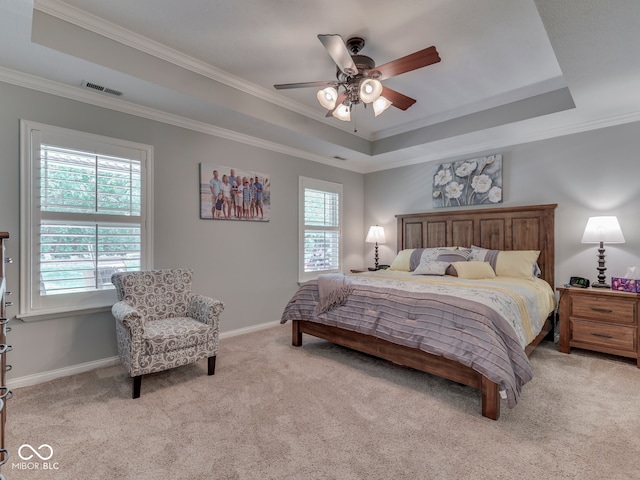 5351 Abbington Ave, Plainfield, IN 46168 - bedroom featuring a tray ceiling, carpet floors, crown molding, and ceiling fan