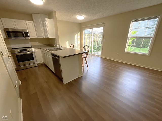 2853 S Walnut Street Pike, Bloomington, IN 47401 - kitchen featuring appliances with stainless steel finishes, a peninsula, dark wood-style flooring, a textured ceiling, and white cabinets