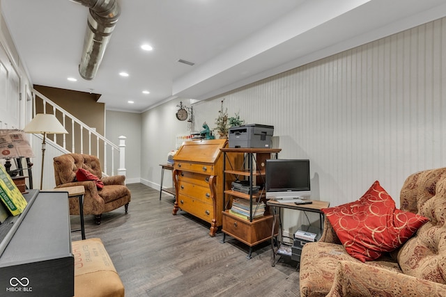 900 W Busby St, Lebanon, IN 46052 - living room with wood finished floors, stairway, and recessed lighting