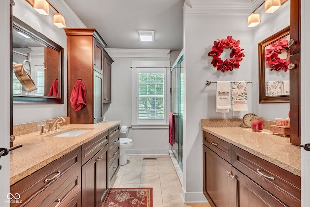 900 W Busby St, Lebanon, IN 46052 - full bath featuring vanity, a stall shower, crown molding, and tile patterned floors