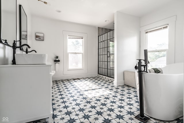 805 N Temple Ave, Indianapolis, IN 46201 - full bath featuring tile patterned floors, healthy amount of natural light, vanity, and a freestanding bath