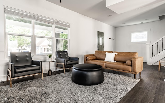 805 N Temple Ave, Indianapolis, IN 46201 - living area with dark wood finished floors, stairs, and recessed lighting