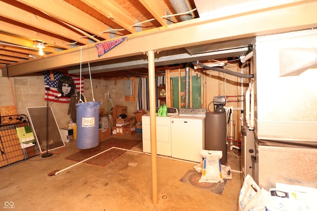 1713 Boca Raton Blvd, Kokomo, IN 46902 - unfinished basement featuring washer and clothes dryer, electric panel, a water softener system, and water heater