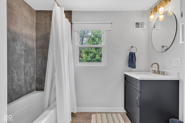 1618 Villa Ave, Indianapolis, IN 46203 - bathroom featuring vanity, shower / bath combination with curtain, tile patterned flooring, and baseboards