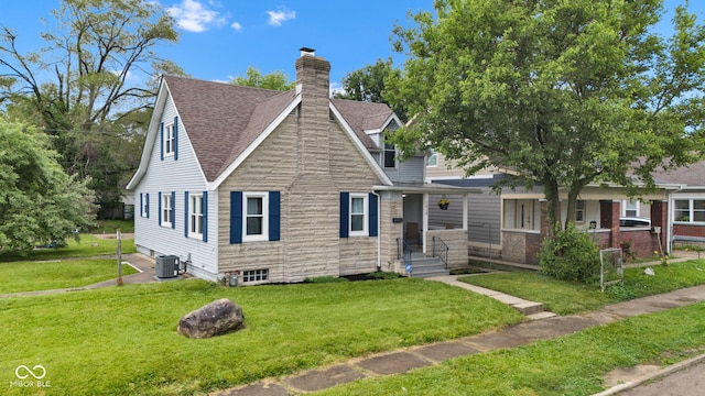 1618 Villa Ave, Indianapolis, IN 46203 - view of front facade with central AC unit, a chimney, a front yard, roof with shingles, and a porch
