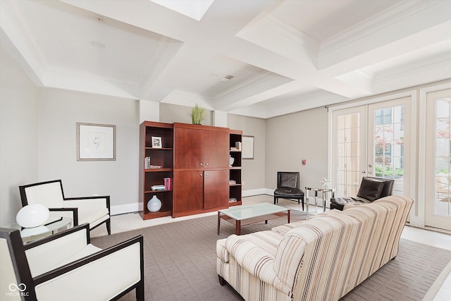 355 E Ohio St Unit 209, Indianapolis, IN 46204 - living room with coffered ceiling, crown molding, beamed ceiling, baseboards, and french doors