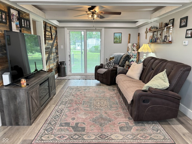 260 S 250 W, Greenfield, IN 46140 - living room with light wood finished floors, a ceiling fan, and beam ceiling