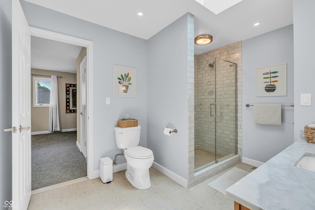 103 Gettysburg, Coatesville, IN 46121 - bathroom with vanity, a stall shower, a skylight, tile patterned floors, and recessed lighting
