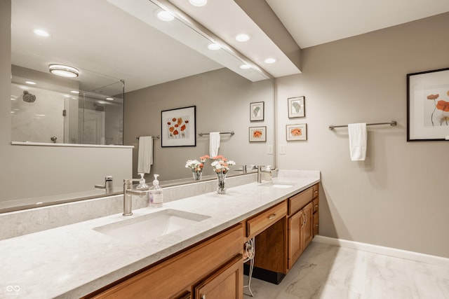4428 Edinburgh Pt, Indianapolis, IN 46228 - full bathroom featuring marble look tiles, double vanity, an enclosed shower, recessed lighting, and baseboards