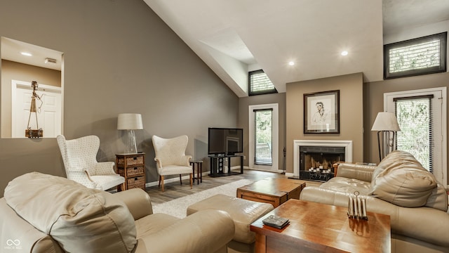 4428 Edinburgh Pt, Indianapolis, IN 46228 - living area featuring light wood-type flooring, recessed lighting, baseboards, a fireplace with raised hearth, and high vaulted ceiling
