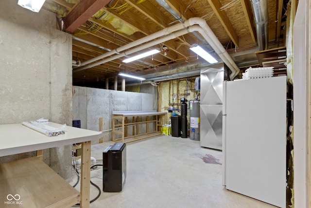 11036 Ravenna Way, Indianapolis, IN 46236 - unfinished basement with water heater, freestanding refrigerator, and a water softener