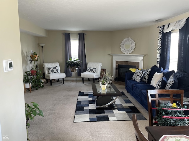 2253 Jaybird Dr, Greenfield, IN 46140 - living area featuring carpet flooring and a fireplace
