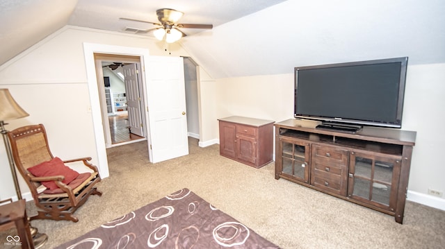 5024 N Kenwood Ave, Indianapolis, IN 46208 - living area featuring light carpet, a ceiling fan, lofted ceiling, and baseboards