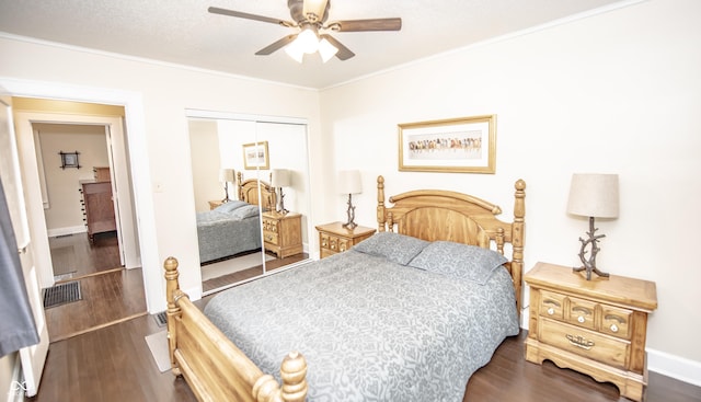 5024 N Kenwood Ave, Indianapolis, IN 46208 - bedroom with wood finished floors, a closet, crown molding, baseboards, and ceiling fan