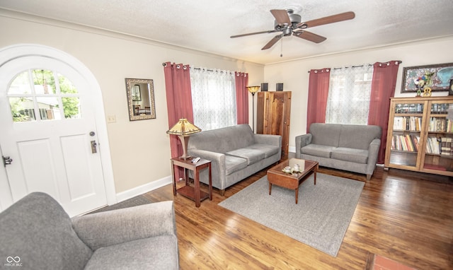 5024 N Kenwood Ave, Indianapolis, IN 46208 - living room with ceiling fan, wood finished floors, baseboards, and a textured ceiling