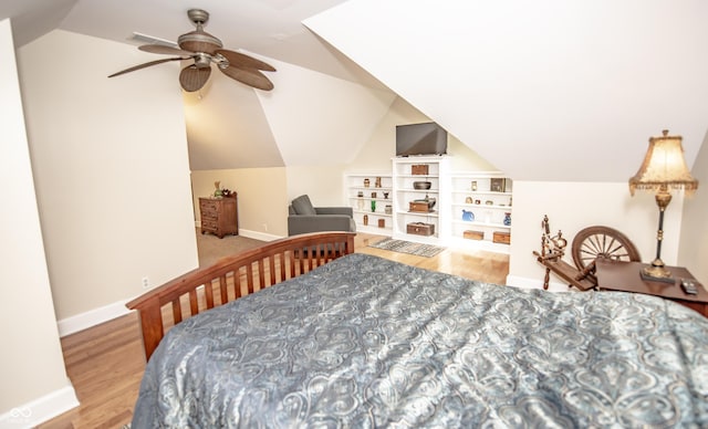 5024 N Kenwood Ave, Indianapolis, IN 46208 - bedroom with lofted ceiling, baseboards, wood finished floors, and ceiling fan