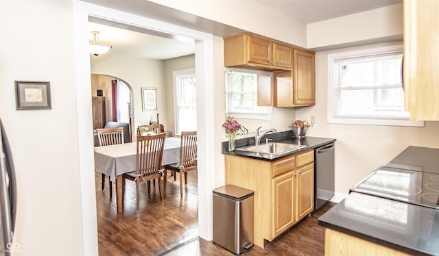 5024 N Kenwood Ave, Indianapolis, IN 46208 - kitchen with a sink, arched walkways, dishwasher, dark wood finished floors, and dark countertops