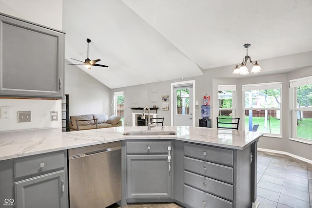 1264 Black Oak Dr, Greenwood, IN 46143 - kitchen featuring gray cabinetry, dishwasher, a sink, a ceiling fan, and lofted ceiling