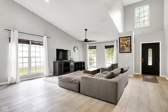 1264 Black Oak Dr, Greenwood, IN 46143 - living area with high vaulted ceiling, ceiling fan, light wood-type flooring, and plenty of natural light