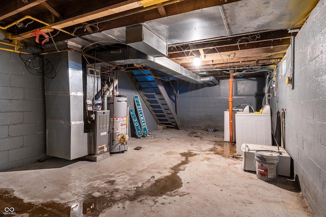 3065 N Colorado Ave, Indianapolis, IN 46218 - unfinished below grade area with gas water heater, washer / clothes dryer, stairs, and heating unit