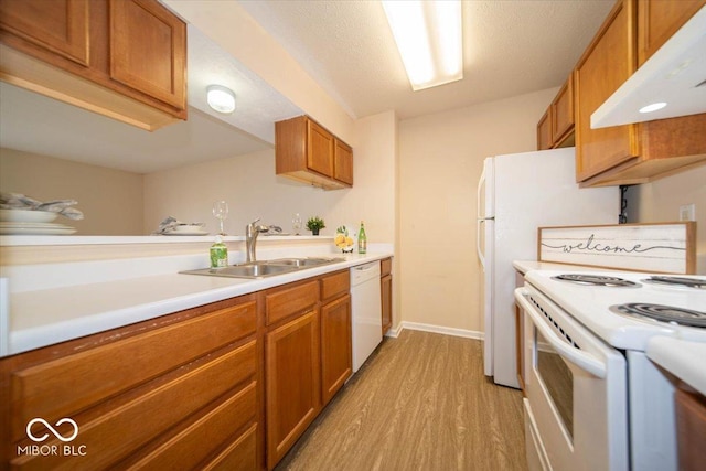 8410 Hague Rd Unit 5, Indianapolis, IN 46256 - kitchen featuring white appliances, under cabinet range hood, light wood finished floors, brown cabinets, and light countertops