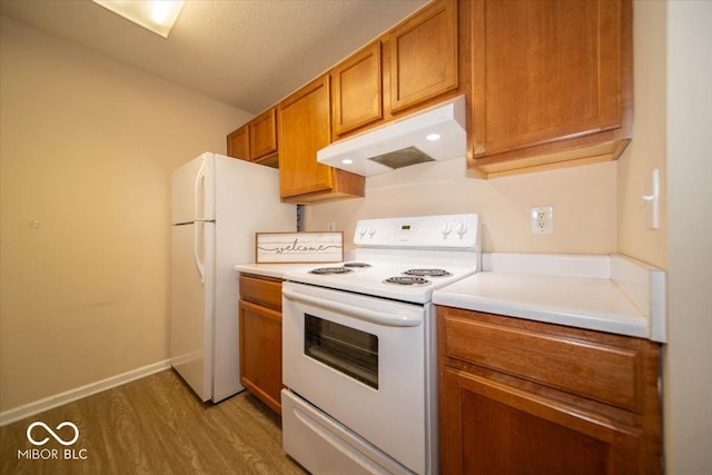 8410 Hague Rd Unit 5, Indianapolis, IN 46256 - kitchen with white appliances, under cabinet range hood, light wood-style floors, brown cabinetry, and light countertops