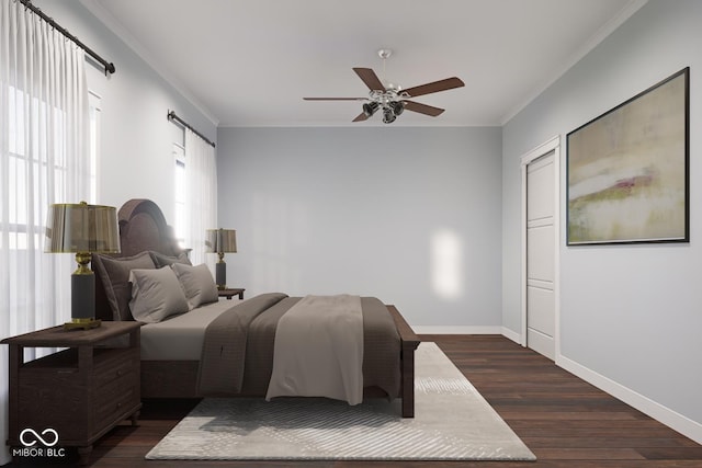 3226 Keystone Lakes Way, Indianapolis, IN 46237 - bedroom with crown molding, dark wood-type flooring, baseboards, a barn door, and a ceiling fan
