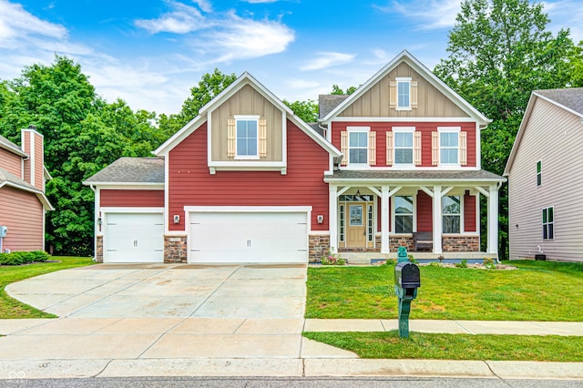749 Bracknell Dr, Avon, IN 46123 - craftsman house featuring a porch, board and batten siding, a front yard, driveway, and a garage