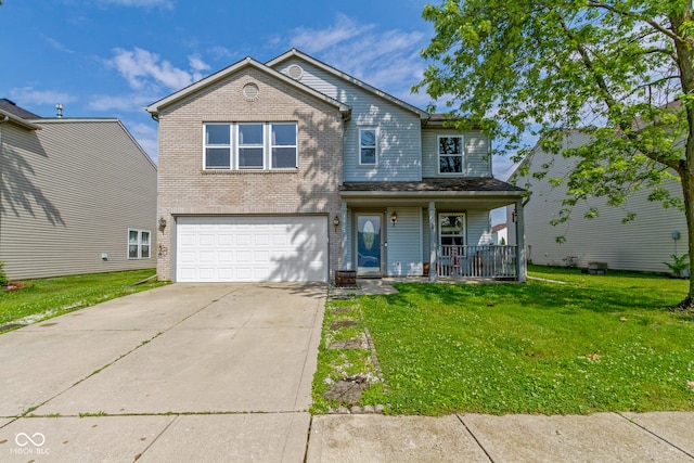 3362 Pavetto Ln, Indianapolis, IN 46203 - traditional-style house with covered porch, brick siding, an attached garage, and a front lawn