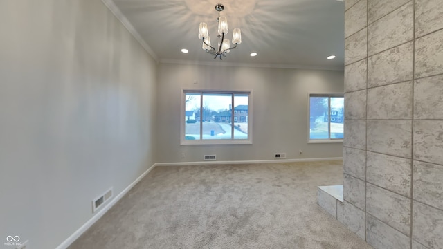 5939 Brendonridge Ct S, Indianapolis, IN 46226 - unfurnished room featuring crown molding, a chandelier, recessed lighting, carpet floors, and baseboards