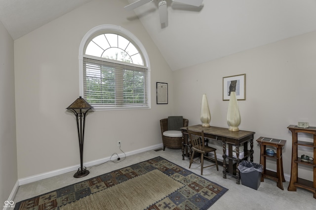 2553 Forest Hills Blvd, Greenwood, IN 46143 - carpeted home office featuring lofted ceiling, a ceiling fan, and baseboards